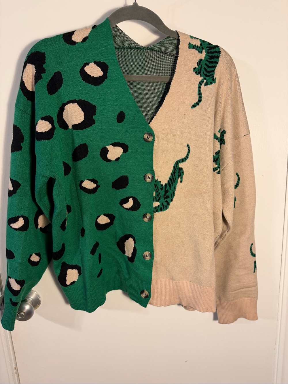Green and Cream Animal-Print Button Cardigan Large
